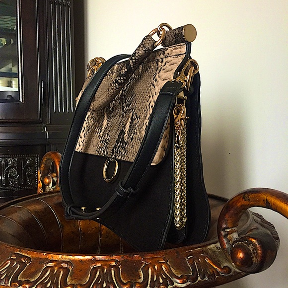 INZI Snake Skin Leather Gold Velvet Handbag - Picture 3 of 15